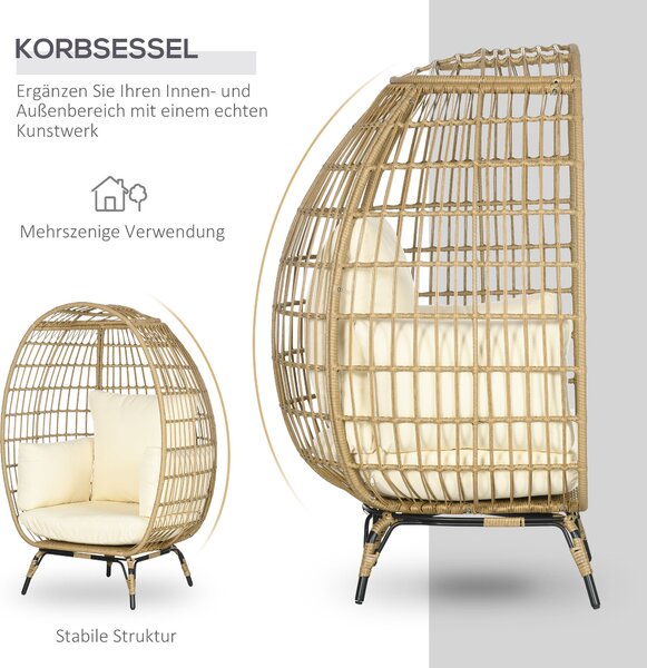 Křeslo Outsunny ve tvaru koše, ratanové křeslo s sedákem, vyvýšené zahradní křeslo na balkon, terasu, kovové, khaki, 105 x 90 x 148 cm | Aosom