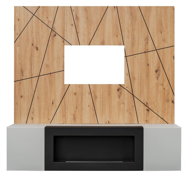 Obývací stěna Xavus G2-K (perla grey + dub artisan) (s bio krbem)