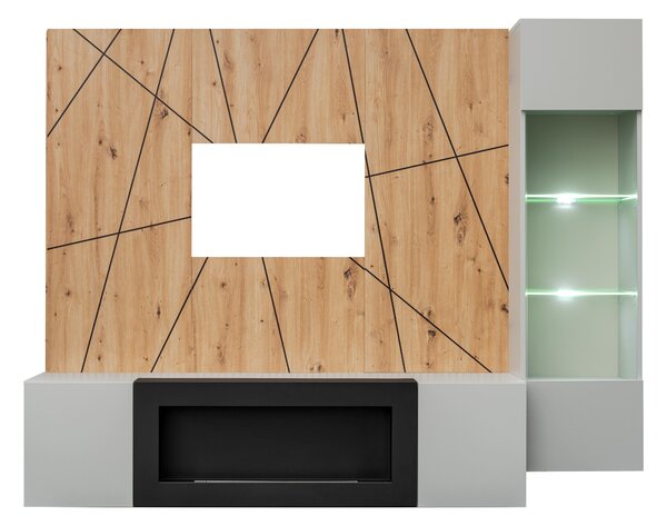 Obývací stěna Xavus G-K (perla grey + dub artisan) (s osvětlením) (s bio krbem)