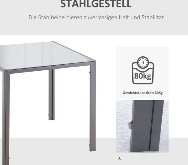 Jídelní stůl HOMCOM 75 x 75 cm, čtvercový kuchyňský stůl pro 4 osoby, jídelní stůl z tvrzeného skla s kovovými nohami, moderní stůl do kuchyně, jídeln