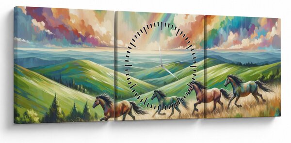 Obraz - Koni cválající krajinou (s hodinami) (90x30 cm)