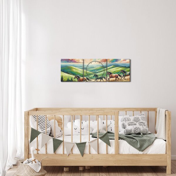 Obraz - Koni cválající krajinou (s hodinami) (90x30 cm)