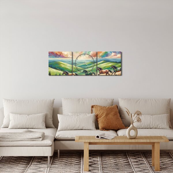 Obraz - Koni cválající krajinou (s hodinami) (90x30 cm)