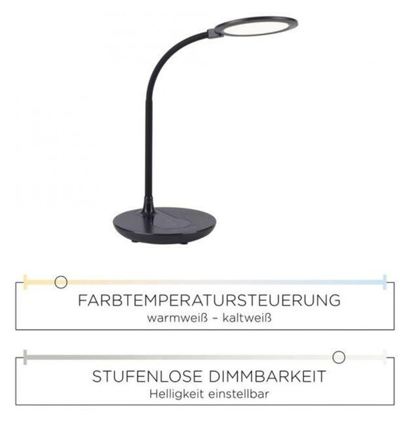 LEUCHTEN DIREKT is JUST LIGHT LED stolní lampa, černá, krokově stmívatelné, CCT, vč. nabíjení pro telefony 3000-5500K