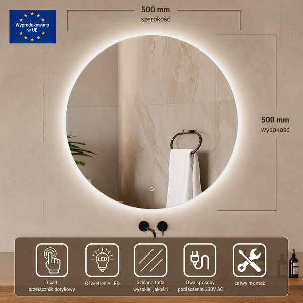 Venti Koło Led zrcadlo 50x50 cm kulatý s osvětlením 5905951180212