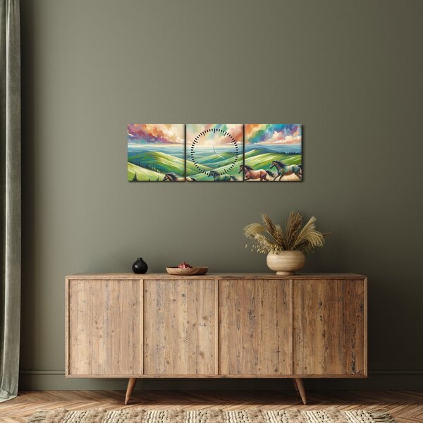 Obraz - Koni cválající krajinou (s hodinami) (90x30 cm)