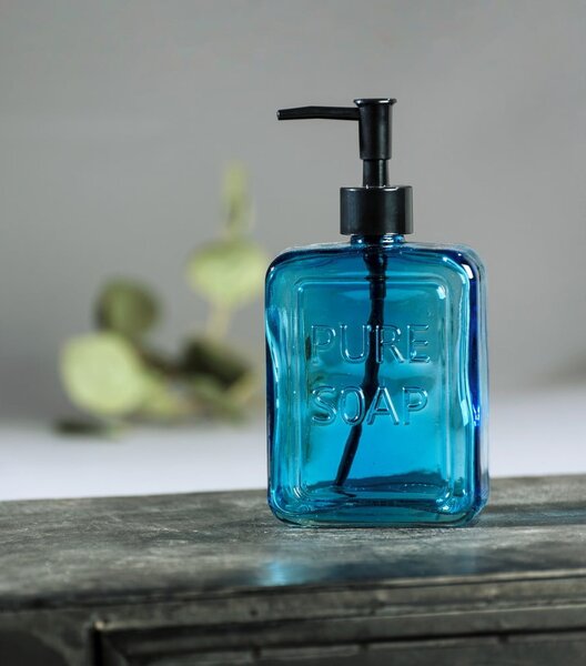 Modrý skleněný dávkovač na mýdlo Wenko Pure Soap