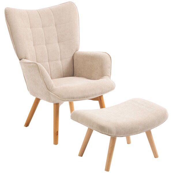HOMCOM Křeslo s Otomanem, Křeslo s Vysokým Opěradlem, Dřevěné Nohy, Lounge Křeslo s Prošívaným Designem, Velurový Vzhled, pro Obývací Pokoj, Béžové |