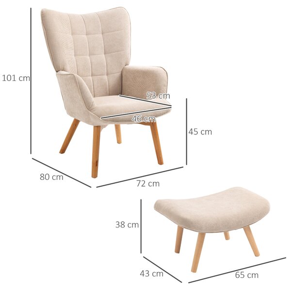 HOMCOM Křeslo s Otomanem, Křeslo s Vysokým Opěradlem, Dřevěné Nohy, Lounge Křeslo s Prošívaným Designem, Velurový Vzhled, pro Obývací Pokoj, Béžové |