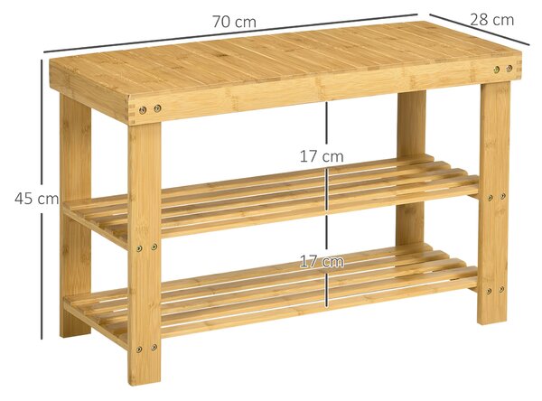 HOMCOM Botníková lavice se sedadlem, Bambusová lavice se skladováním, Botník s 2 otevřenými policemi pro obývací pokoj, Vchod, 70 x 28 x 45 cm Přiroze