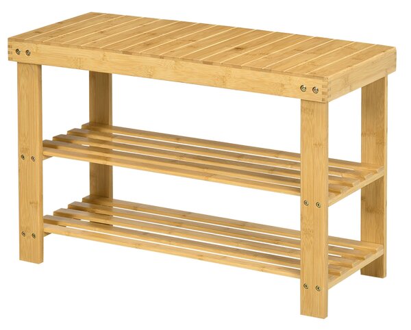 HOMCOM Botníková lavice se sedadlem, Bambusová lavice se skladováním, Botník s 2 otevřenými policemi pro obývací pokoj, Vchod, 70 x 28 x 45 cm Přiroze