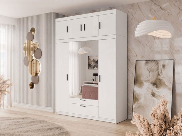 Šatní skříň se zrcadlem Melen 4D + nástavec, Barva: pískově béžová 5903211475740