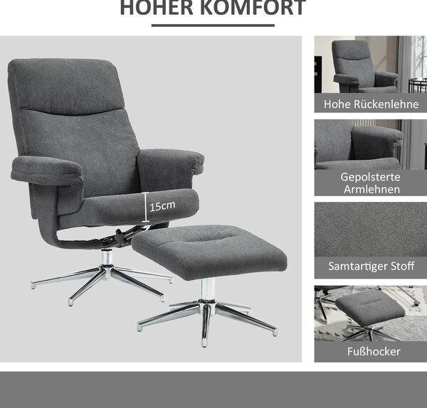 HOMCOM Relaxační Křeslo s Podnožkou, Polstrované TV Křeslo s Funkcí Polohování, Lounge Křeslo s Vzhledem Sametu, nosnost až 150 kg, do Obývacího Pokoj