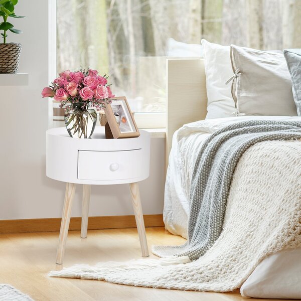 HOMCOM Kávový Stolek s Šuplíkem, Kulatý Boční Stolek s Dřevěnými Nohami pro Obývací Pokoj 38 x 38 x 45 cm, Bílý | Aosom
