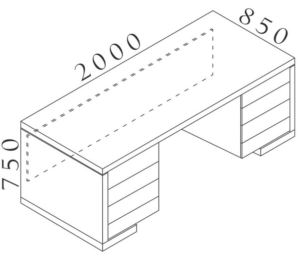 Stůl Lineart 200 x 85 cm + 2x kontejner, jilm tmavý / antracit
