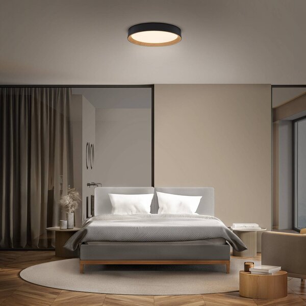 OSRAM LED stropní svítidlo ORBIS LARIOS, černé/dřevěné, Ø 39 cm, stmívatelné, stmívatelný, Černá, Obývací pokoj / jídelna, kov, Moderní