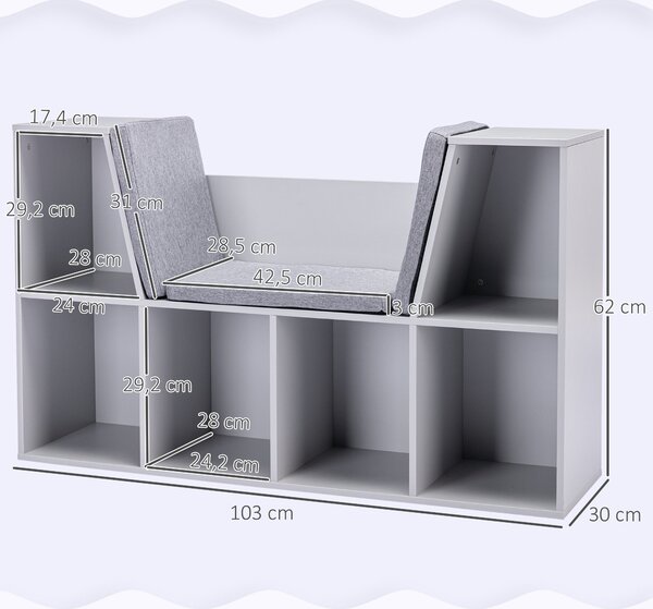 HOMCOM Dětský regál se stoličkou a 6 přihrádky s polštáři - šedý - 103 x 30 x 62 cm | Aosom