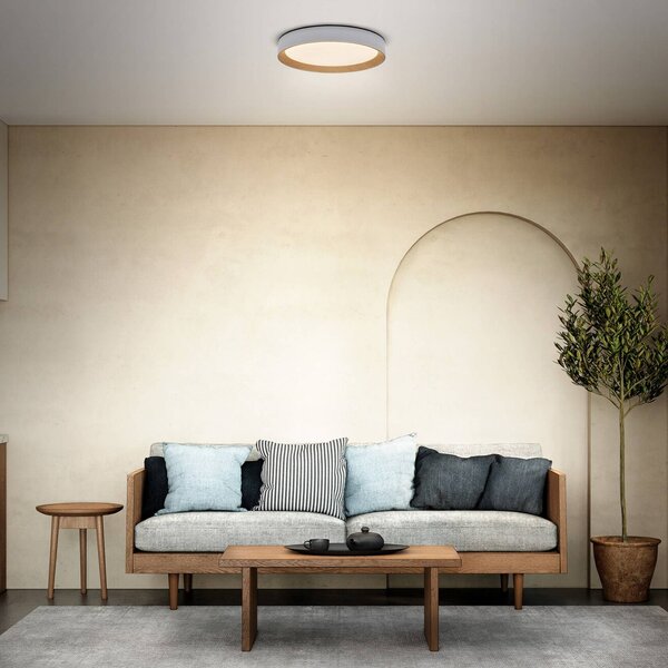OSRAM LED stropní svítidlo ORBIS LARIOS, bílé/dřevěné, Ø 29 cm, stmívatelné, stmívatelný, Bílá / opál, Obývací pokoj / jídelna, kov, Moderní