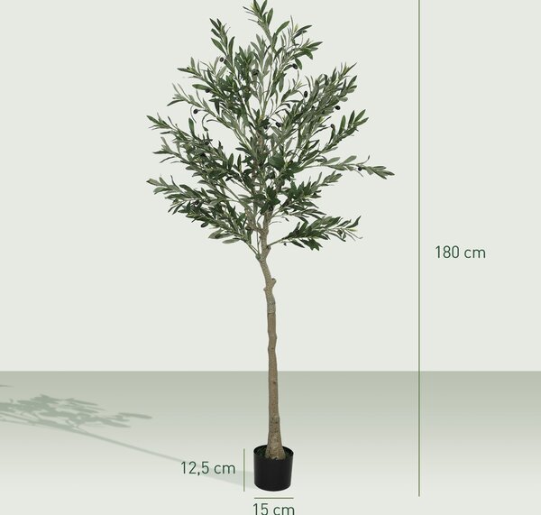 HOMCOM Umělý olivovník Velký 180 cm - Umělá rostlina, plastový olivovník v květináči, umělý strom s cementem, umělý mech pro obývací pokoj, ložnici, d