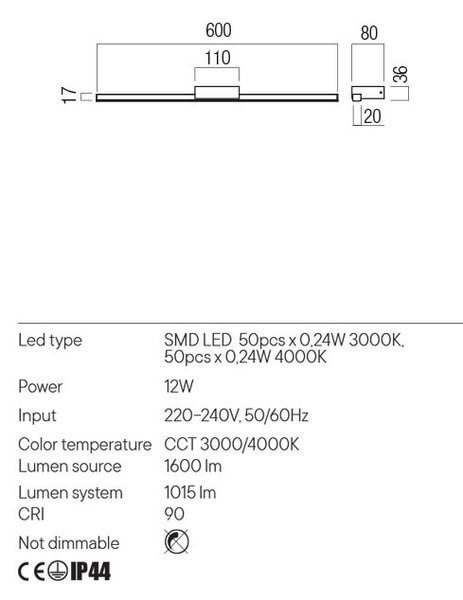 Redo LED nástěnné svítidlo ASTON nad zrcadlo, 60cm, IP44 Barva: Chrom