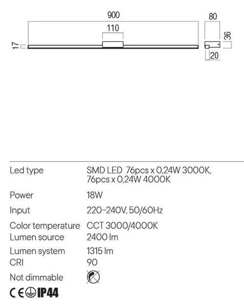 Redo LED nástěnné svítidlo ASTON nad zrcadlo, 90cm, IP44 Barva: Chrom