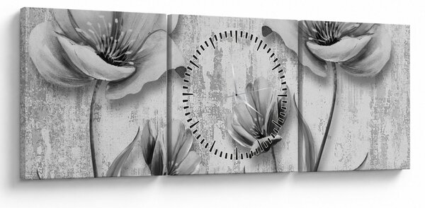 Obraz - Černobílé květiny na pozadí (s hodinami) (90x30 cm)