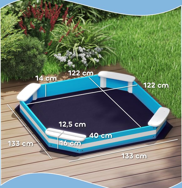 AIYAPLAY Pískoviště 133 x 108 cm Dřevěné Pískoviště se Sedátkem, Podložka pro 4 Děti 3-7 let Modré | Aosom