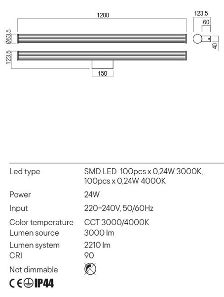 Redo LED nástěnné svítidlo DIZZY nad zrcadlo, 120cm, IP44 Barva: Bílá