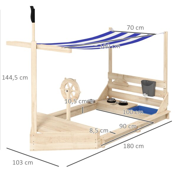 Velké pískoviště Outsunny s krytem v designu lodi – dřevěný hrací domek s kuchyňkou pro děti 3-7 let, rozměry 180 x 103 x 144,5 cm | Aosom