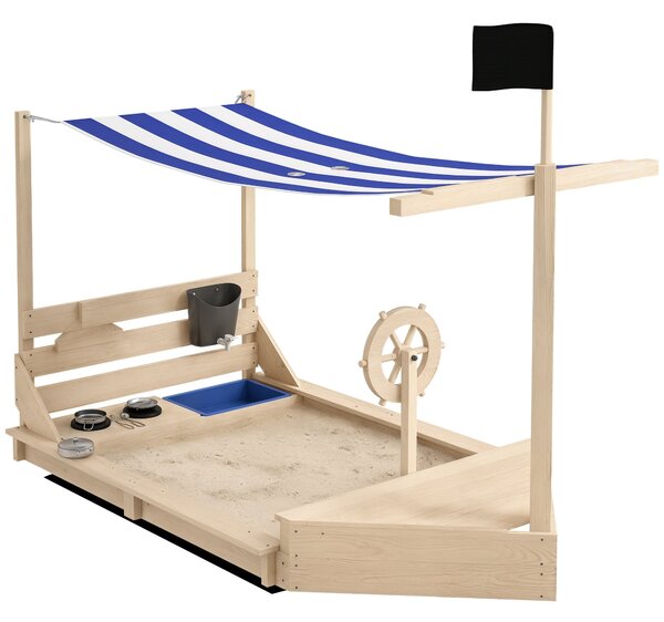 Velké pískoviště Outsunny s krytem v designu lodi – dřevěný hrací domek s kuchyňkou pro děti 3-7 let, rozměry 180 x 103 x 144,5 cm | Aosom