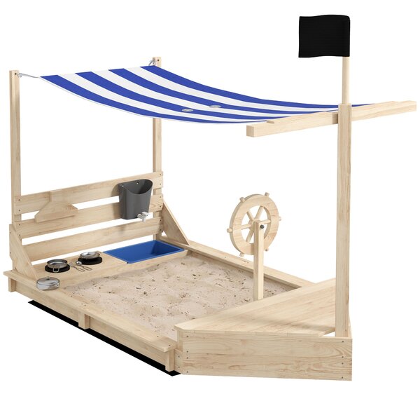 Velké pískoviště Outsunny s krytem v designu lodi – dřevěný hrací domek s kuchyňkou pro děti 3-7 let, rozměry 180 x 103 x 144,5 cm | Aosom