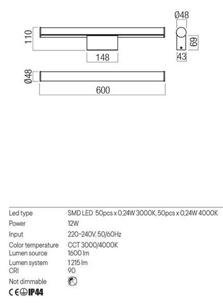 Redo LED nástěnné svítidlo KALI nad zrcadlo, 60cm, IP44 Barva: Bílá