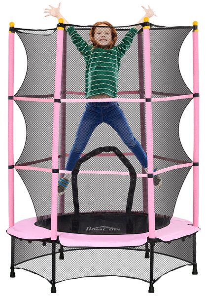HOMCOM Dětská trampolína Ø140 cm, Trampolína s ochrannou sítí, Kryt okraje, Zahradní trampolína pro děti 3-10 let, Do 50 kg, Růžová | Aosom