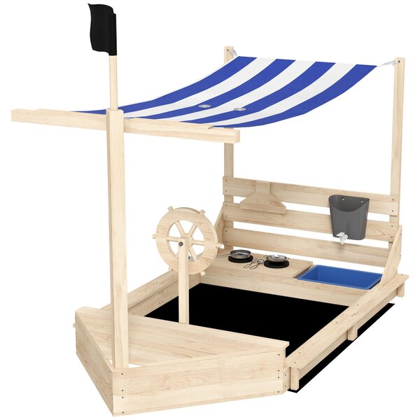 Velké pískoviště Outsunny s krytem v designu lodi – dřevěný hrací domek s kuchyňkou pro děti 3-7 let, rozměry 180 x 103 x 144,5 cm | Aosom