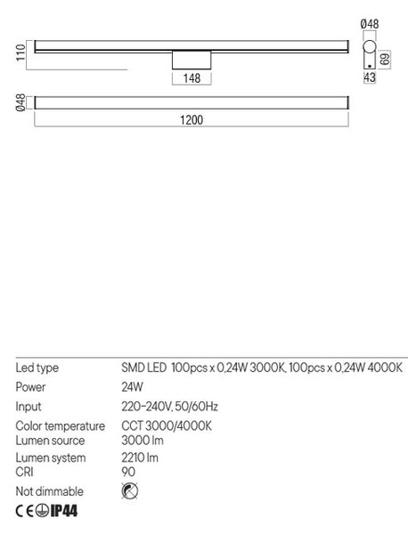 Redo LED nástěnné svítidlo KALI nad zrcadlo, 120cm, IP44 Barva: Černá