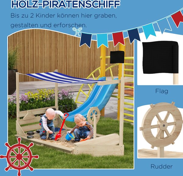 Velké pískoviště Outsunny s krytem v designu lodi – dřevěný hrací domek s kuchyňkou pro děti 3-7 let, rozměry 180 x 103 x 144,5 cm | Aosom