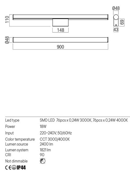Redo LED nástěnné svítidlo KALI nad zrcadlo, 90cm, IP44 Barva: Chrom