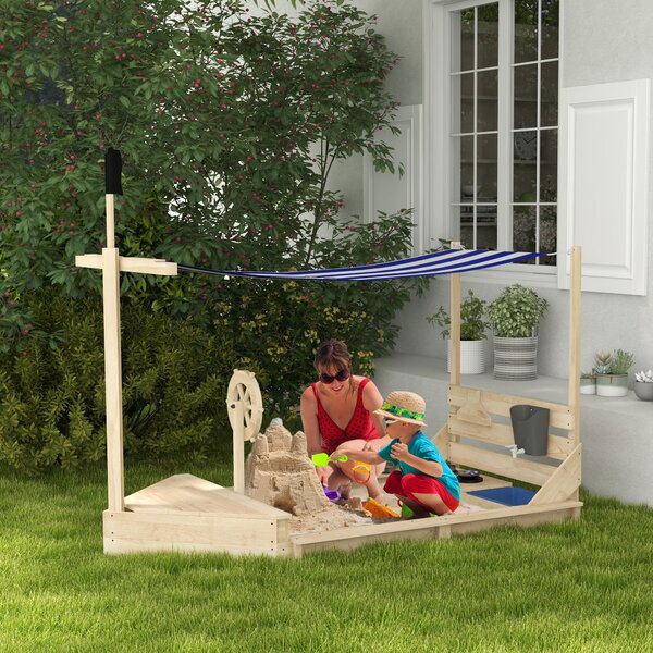 Velké pískoviště Outsunny s krytem v designu lodi – dřevěný hrací domek s kuchyňkou pro děti 3-7 let, rozměry 180 x 103 x 144,5 cm | Aosom