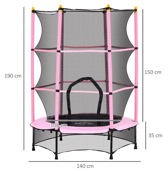HOMCOM Dětská trampolína Ø140 cm, Trampolína s ochrannou sítí, Kryt okraje, Zahradní trampolína pro děti 3-10 let, Do 50 kg, Růžová | Aosom