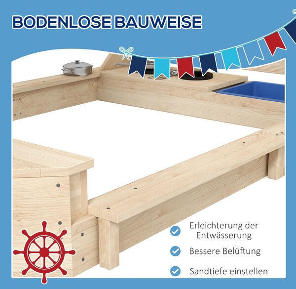 Velké pískoviště Outsunny s krytem v designu lodi – dřevěný hrací domek s kuchyňkou pro děti 3-7 let, rozměry 180 x 103 x 144,5 cm | Aosom