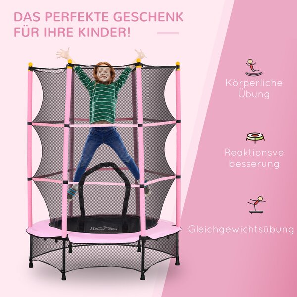 HOMCOM Dětská trampolína Ø140 cm, Trampolína s ochrannou sítí, Kryt okraje, Zahradní trampolína pro děti 3-10 let, Do 50 kg, Růžová | Aosom