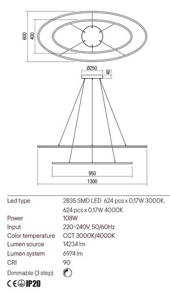 Redo Závěsné LED ovální svítidlo LEO, 2 ovály, ø95cm/ø130cm Barva: Černá