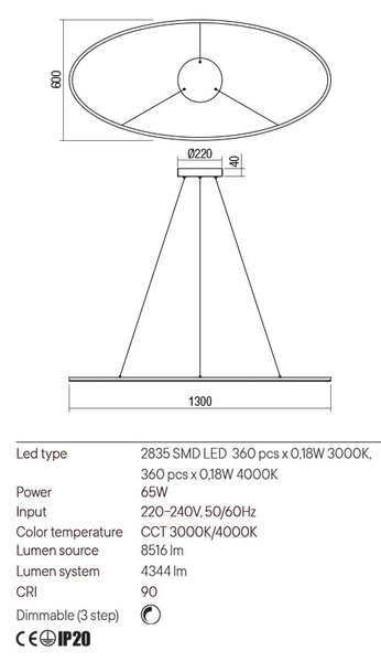 Redo Závěsné LED ovální svítidlo LEO, ø130cm Barva: Černá