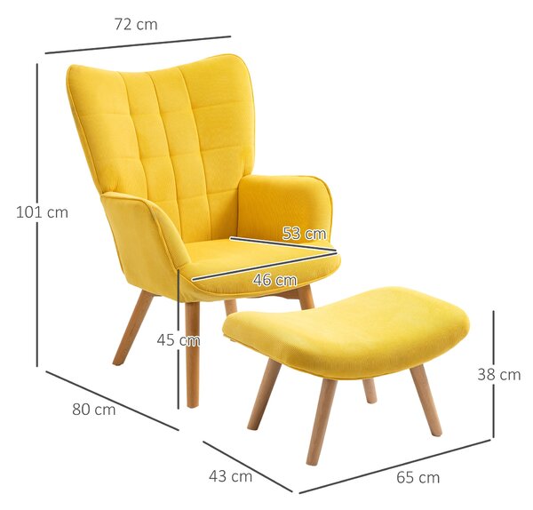 HOMCOM Křeslo s podnožkou, Křeslo s vysokým opěradlem, Dřevo nohy, Relaxační křeslo s prošívaným designem, Vzhled kordu, pro obývací pokoj, Žlutá | Ao