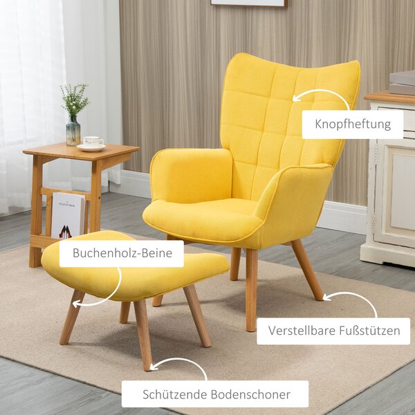 HOMCOM Křeslo s podnožkou, Křeslo s vysokým opěradlem, Dřevo nohy, Relaxační křeslo s prošívaným designem, Vzhled kordu, pro obývací pokoj, Žlutá | Ao
