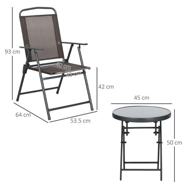 Outsunny 3dílná kovová bistro souprava odolná vůči povětrnostním vlivům se skládacím skleněným stolem, zahradní židle, venkovní nábytek na balkon | Ao