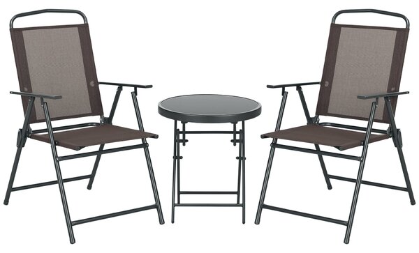 Outsunny 3dílná kovová bistro souprava odolná vůči povětrnostním vlivům se skládacím skleněným stolem, zahradní židle, venkovní nábytek na balkon | Ao
