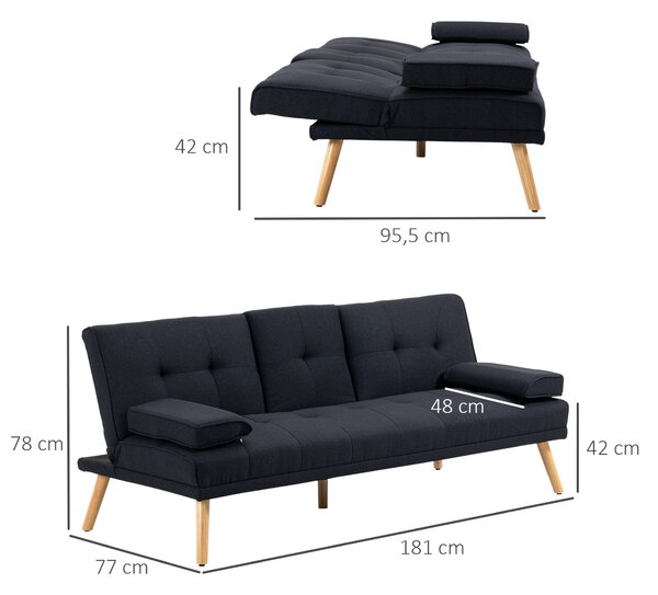 HOMCOM Rozkládací pohovka, 3místná rozkládací pohovka s skládacím stolem, držákem na nápoje, pohovka s vzhledem lnu, ve skandinávském designu, do 250
