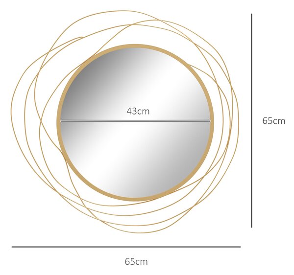 HOMCOM Zrcadlo na zeď, Ø65 cm, Dekorace se zrcadlem, Kovový rám, Zrcadlo do chodby, Zeďový obraz pro obývací pokoj, Ložnici, Zlatá | Aosom