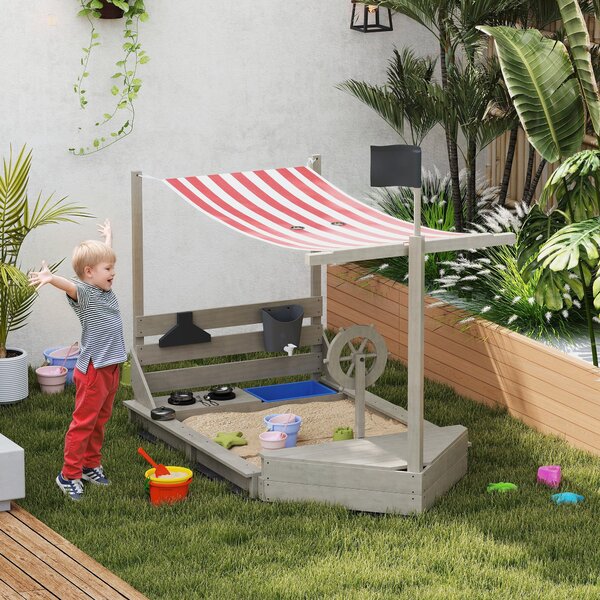 Outsunny Velký Pískoviště s Krytem ve Tvaru Lodi s Kuchyňkou pro Děti 3-7 Let Šedá 180 x 103 x 144,5 cm | Aosom